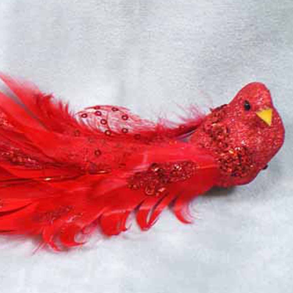 BIRD 8.25" FANCY TAIL/GLITTER RED W/CLIP