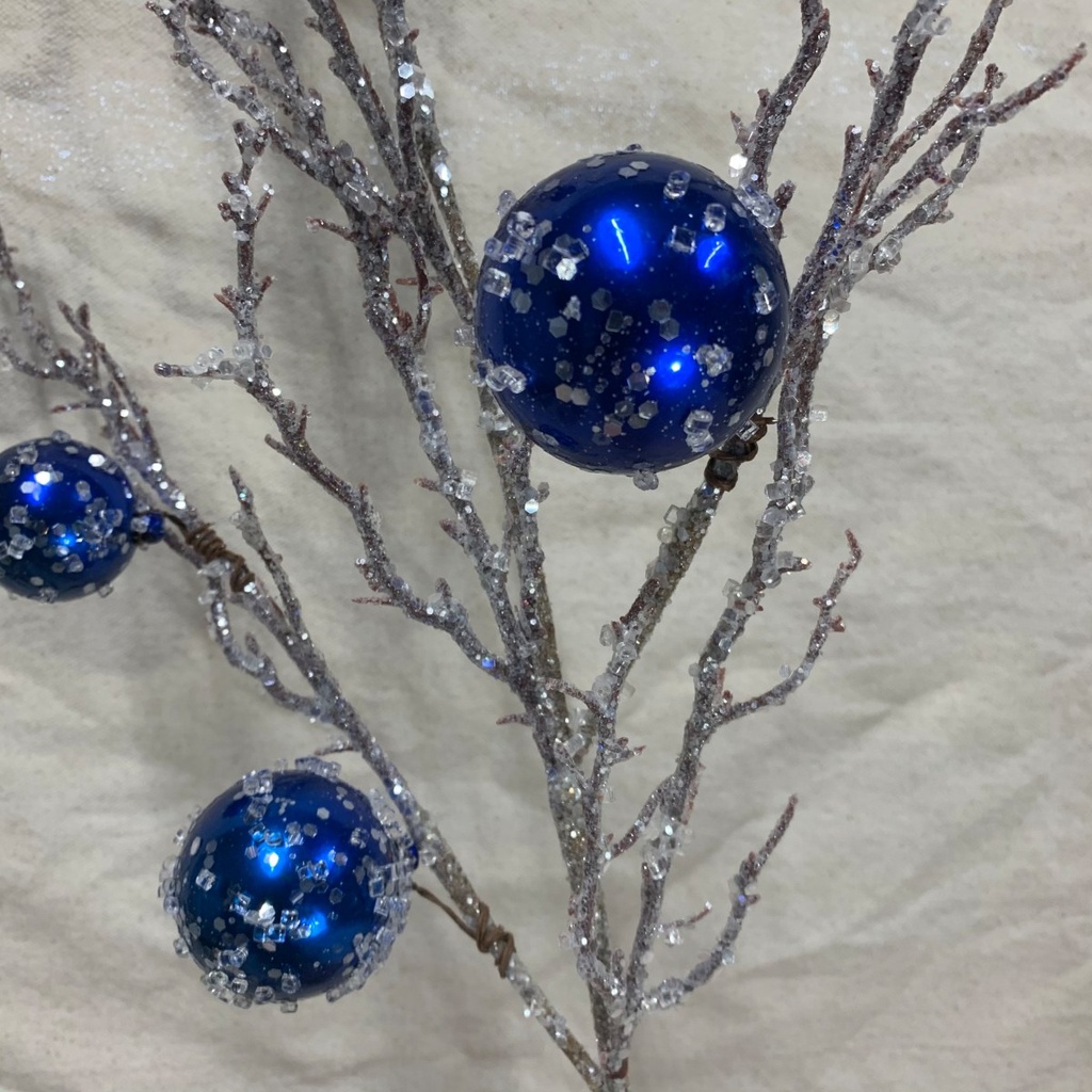 34" TWIG SPRAY W/ ICE & BLUE ORNAMENTS