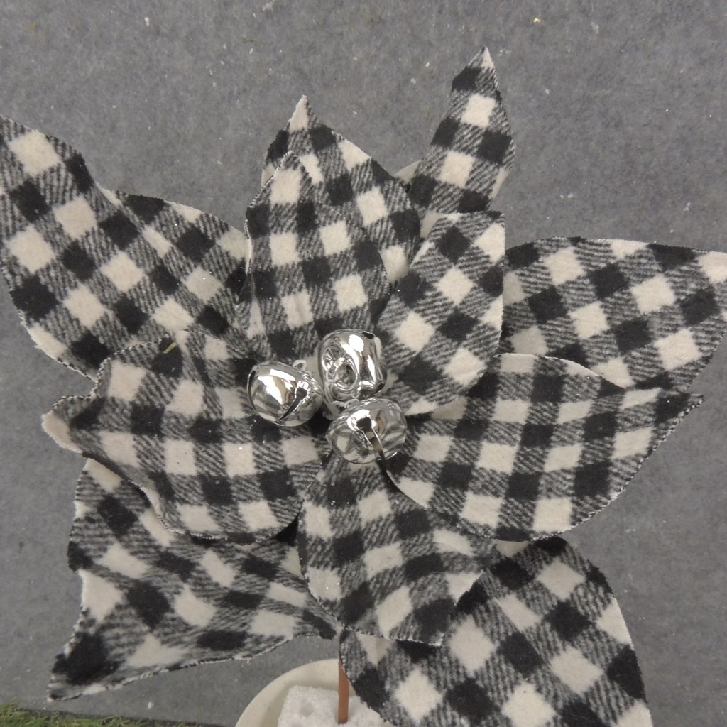 POINSETTIA PICK 14" BLACK/WHITE PLAID (NO GLITTER)