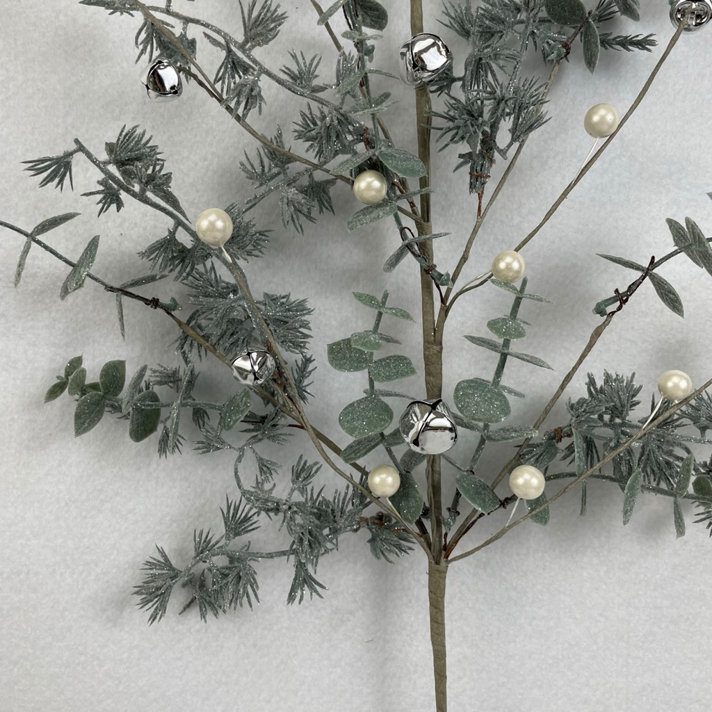 28" FROSTED EUCALYPTUS AND PINE SPRAY W/ WHITE BERRIES AND BELLS