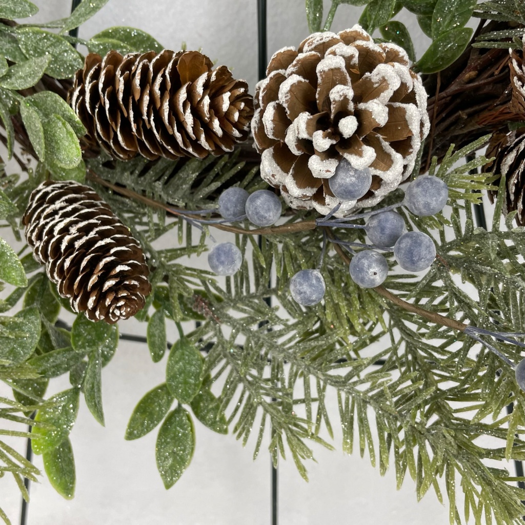 18" PINE AND LEAF WREATH W/ BLUE BERRIES AND CONES