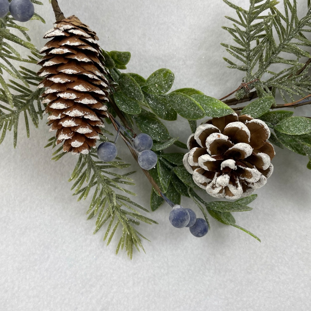 12&quot;  PINE AND LEAF WREATH W/ BLUE BERRIES AND CONES