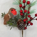 13&quot; FROSTED PINE PICK W/ BIRD AND RED BERRIES