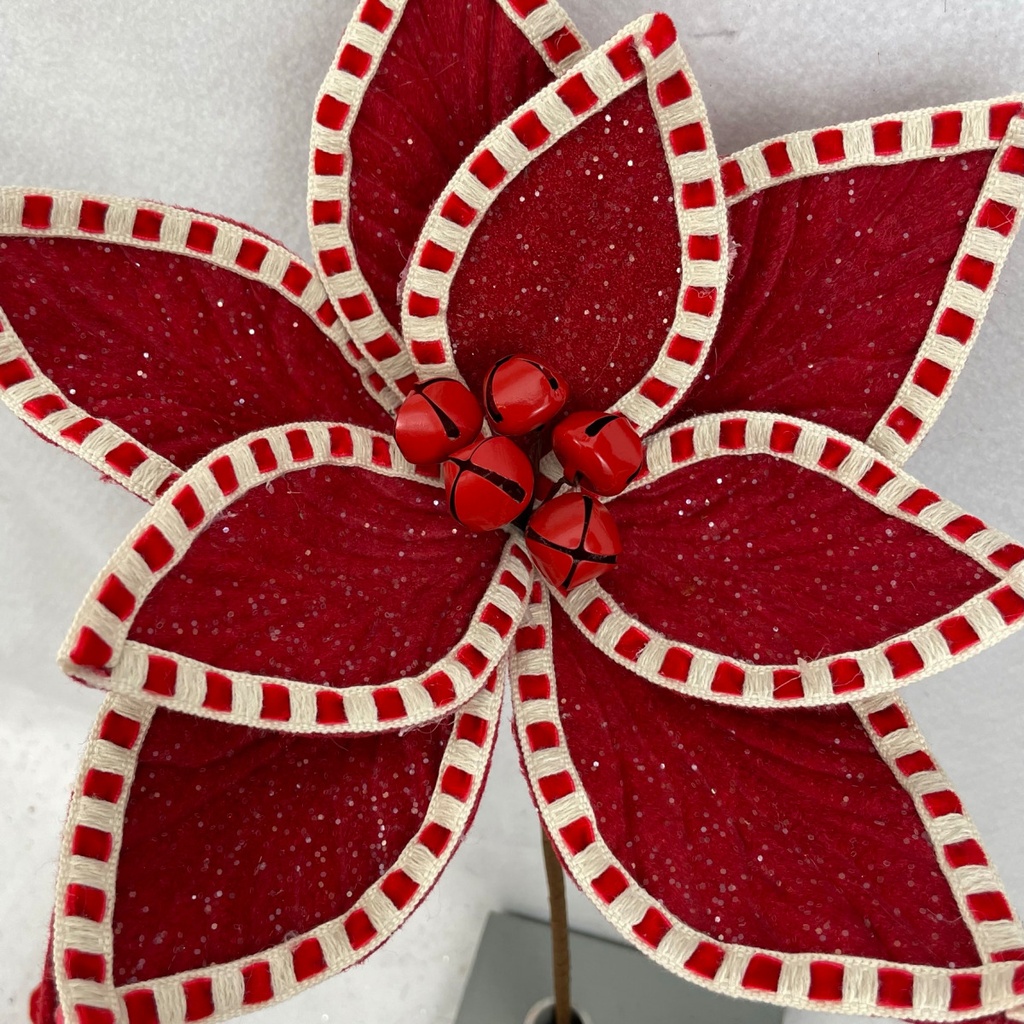 14" POINSETTIA PICK W/BELLS FROSTED