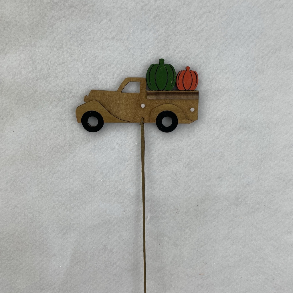 18" WOODEN TRUCK PICK W/ PUMPKINS 5.25" TRUCK YELLOW