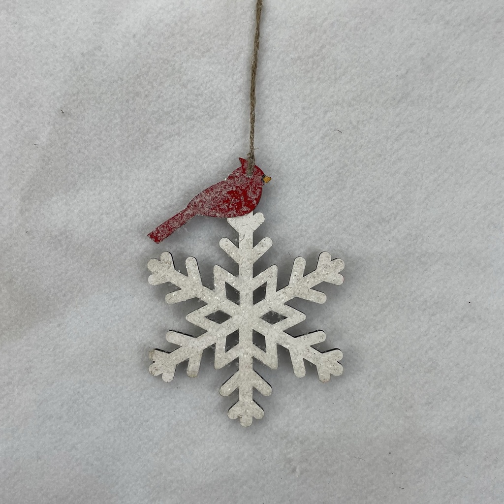 7" SNOWFLAKE ORNAMENT W/ CARDINAL WHITE