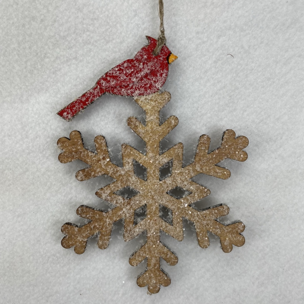 7" SNOWFLAKE ORNAMENT W/ CARDINAL NATURAL