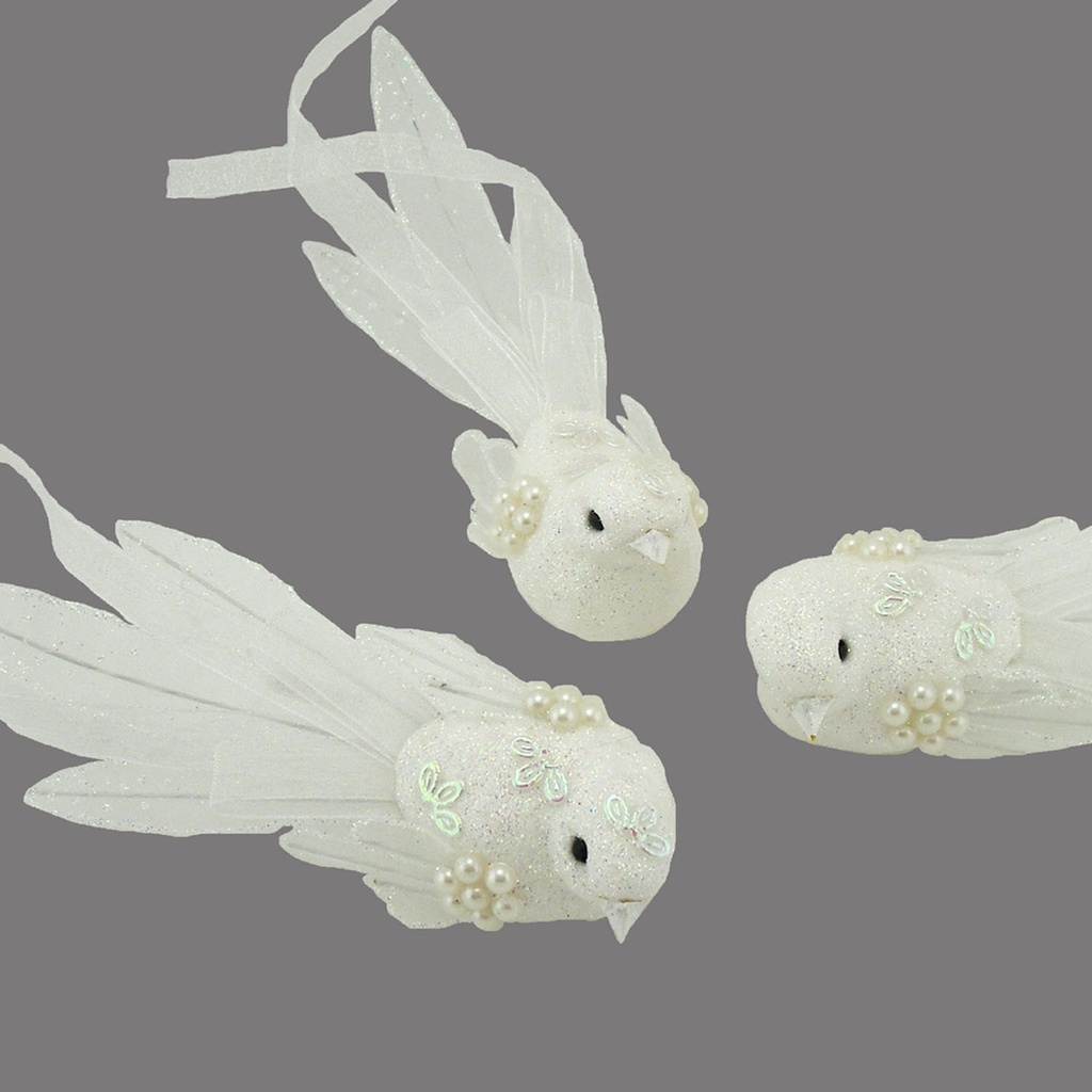 BIRD 6.7" FANCY TAIL/GLITTER WHITE W/CLIP