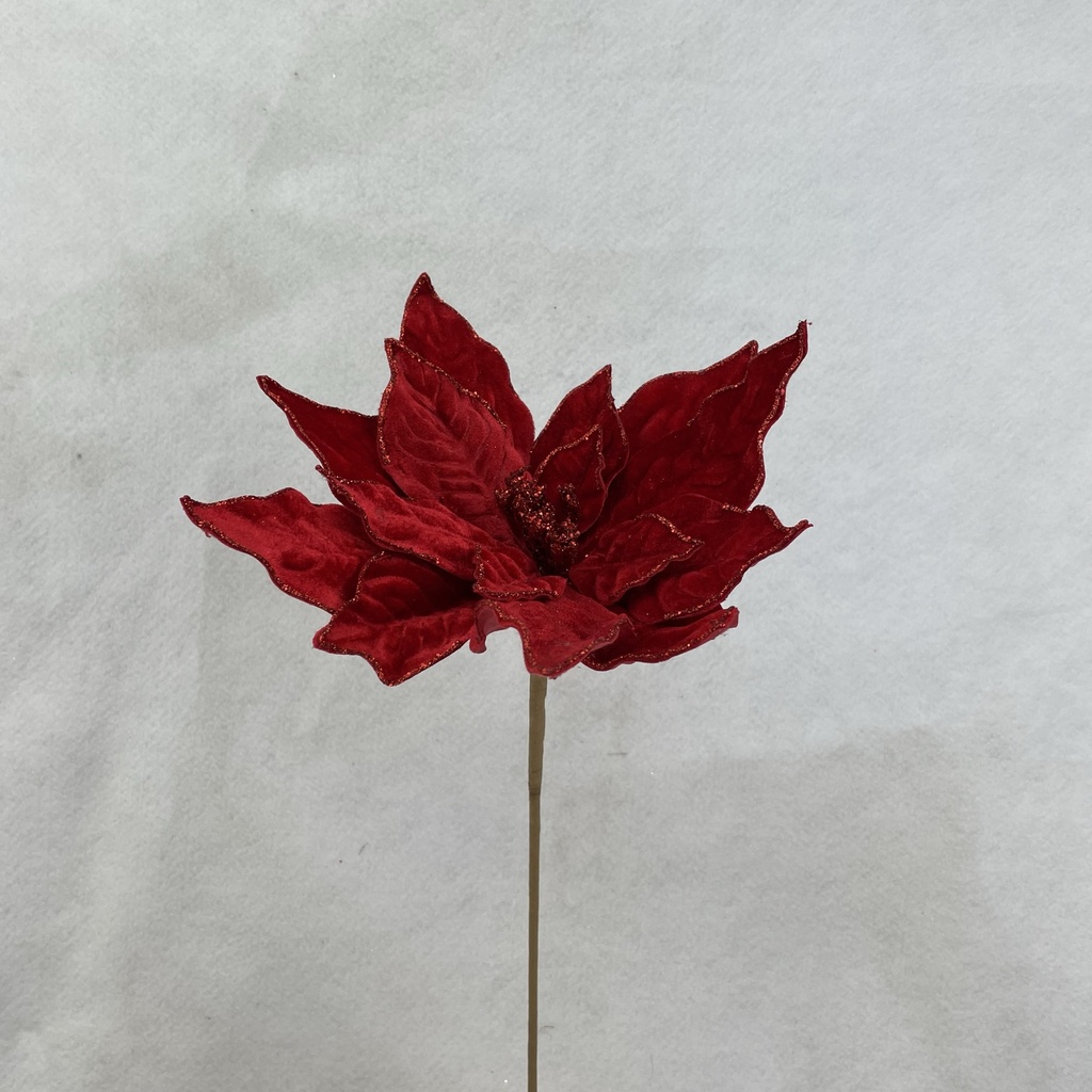 20" VELVET POINSETTIA PICK 10" dia W/GLITTER RED