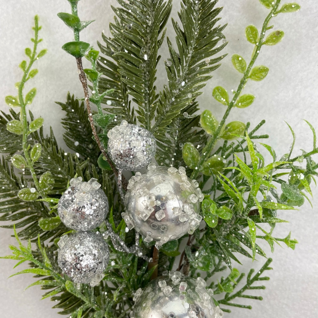 17" MIXED PINE BUSH W/ SILVER ORNAMENTS ICED