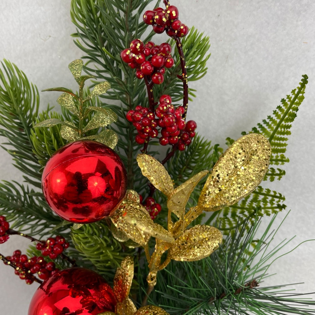 17" PINE BUSH W/BERRIES & RED BALL ORNAMENTS