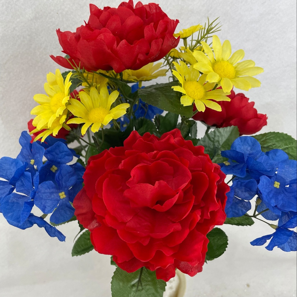 18" PEONY/HYDRANGEA/DAISY BUSH X12 RED/BLU/YEL