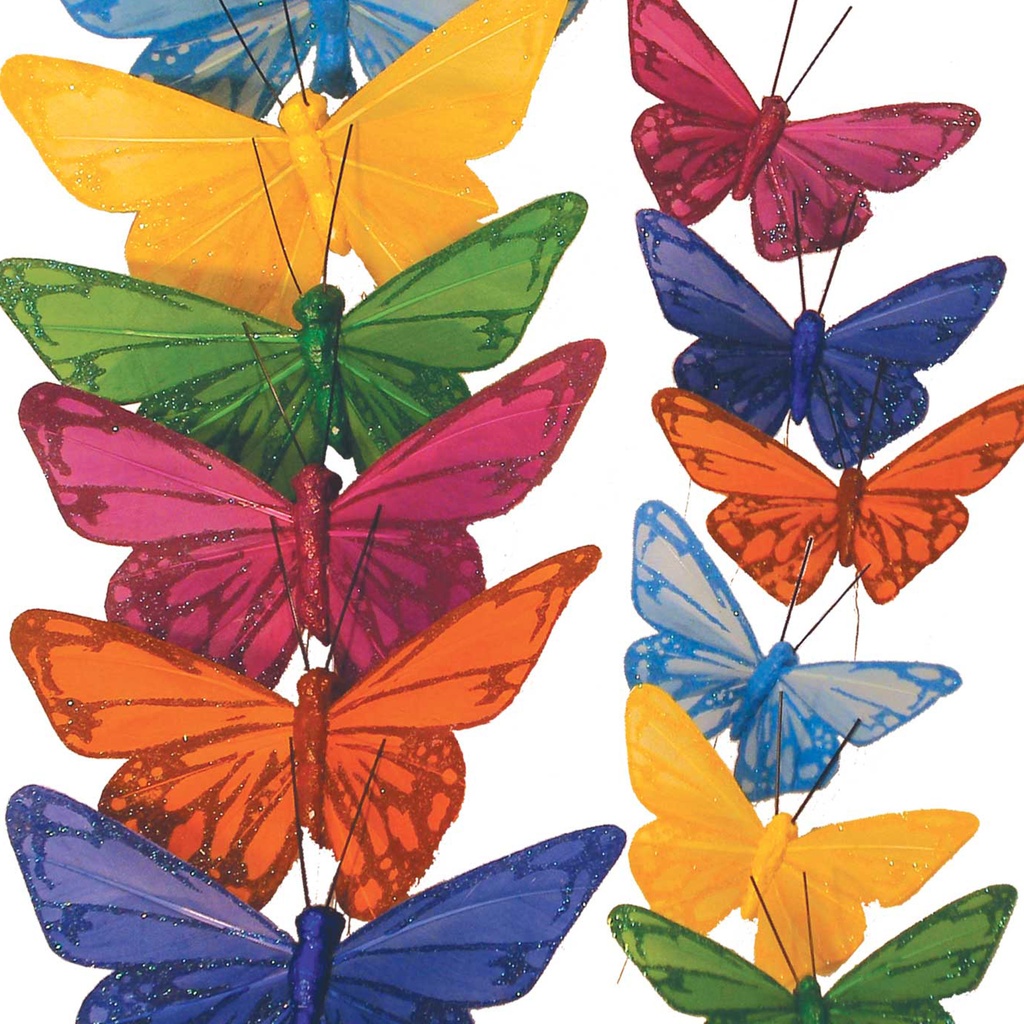 4.5"/2.5" FEATHERED BUTTERFLIES 6-ASST'D  BRIGHT COLOR MIX