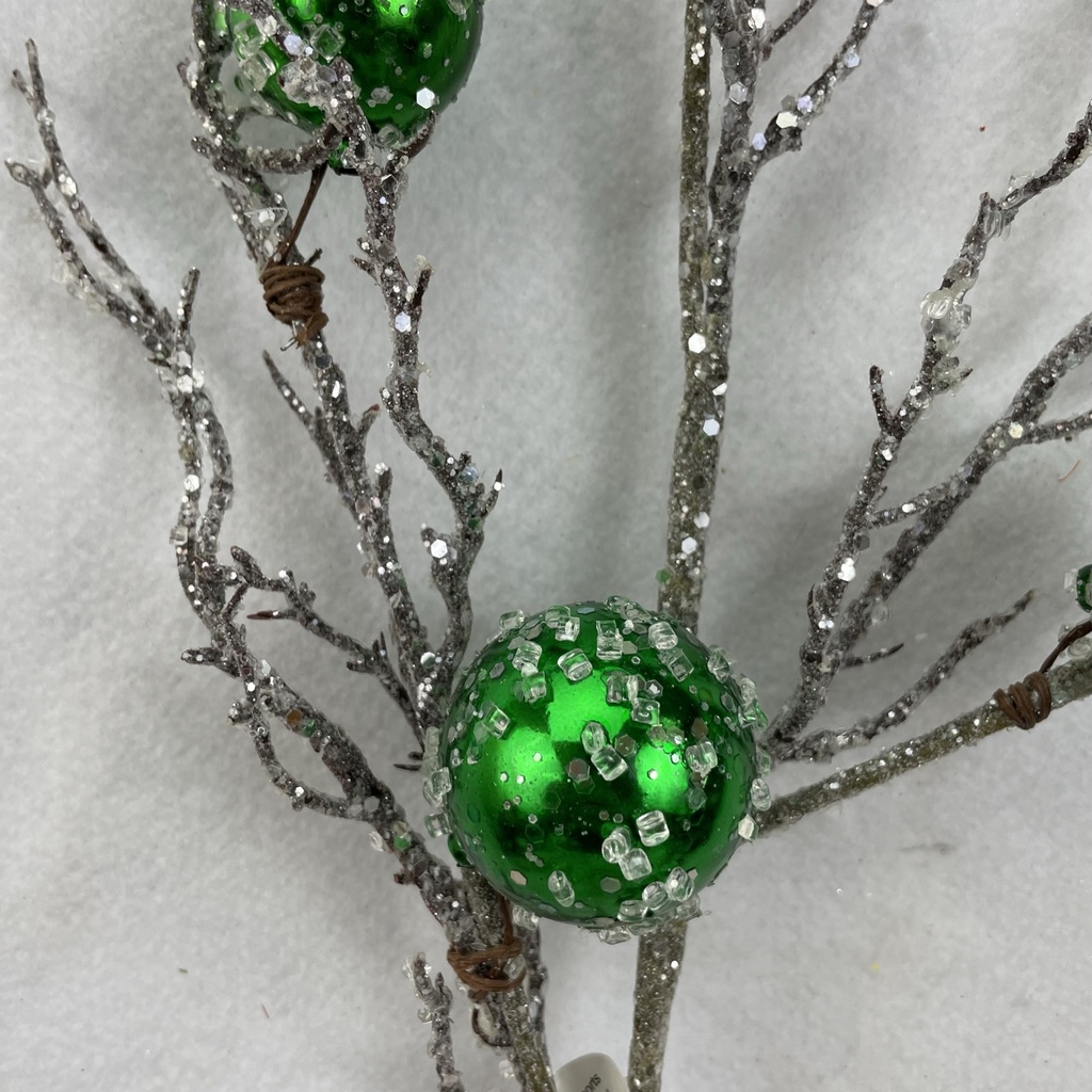 34&quot; TWIG SPRAY W/ ICE &amp; GREEN ORNAMENTS