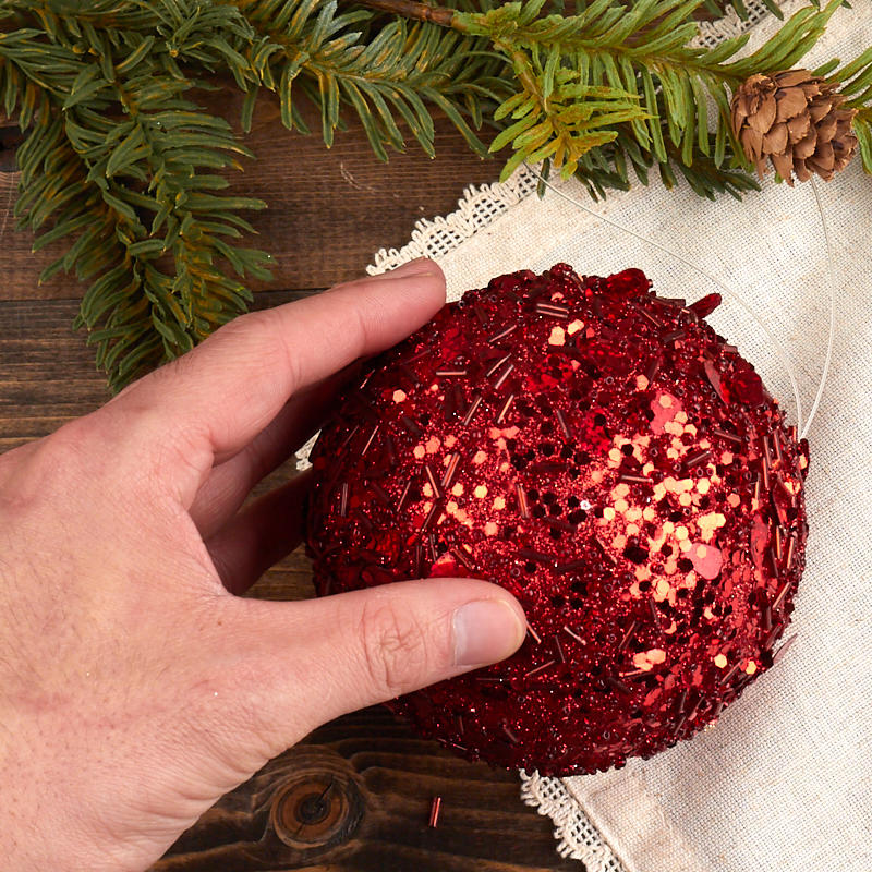 4" GLITTER HANGING BALL ORNAM.  RED