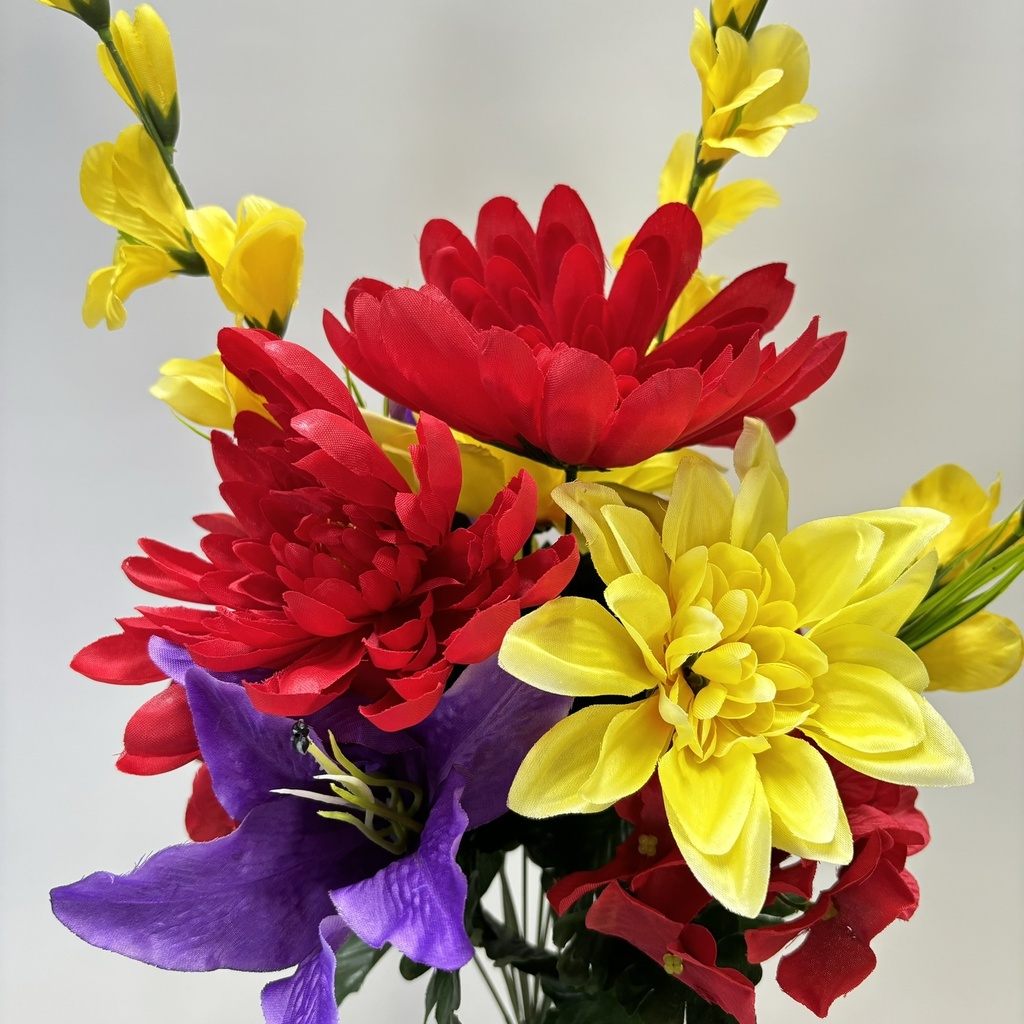 23" MUM/LILY/HYDRANGEA MIXED BUSH X12 RED/PUR/YEL
