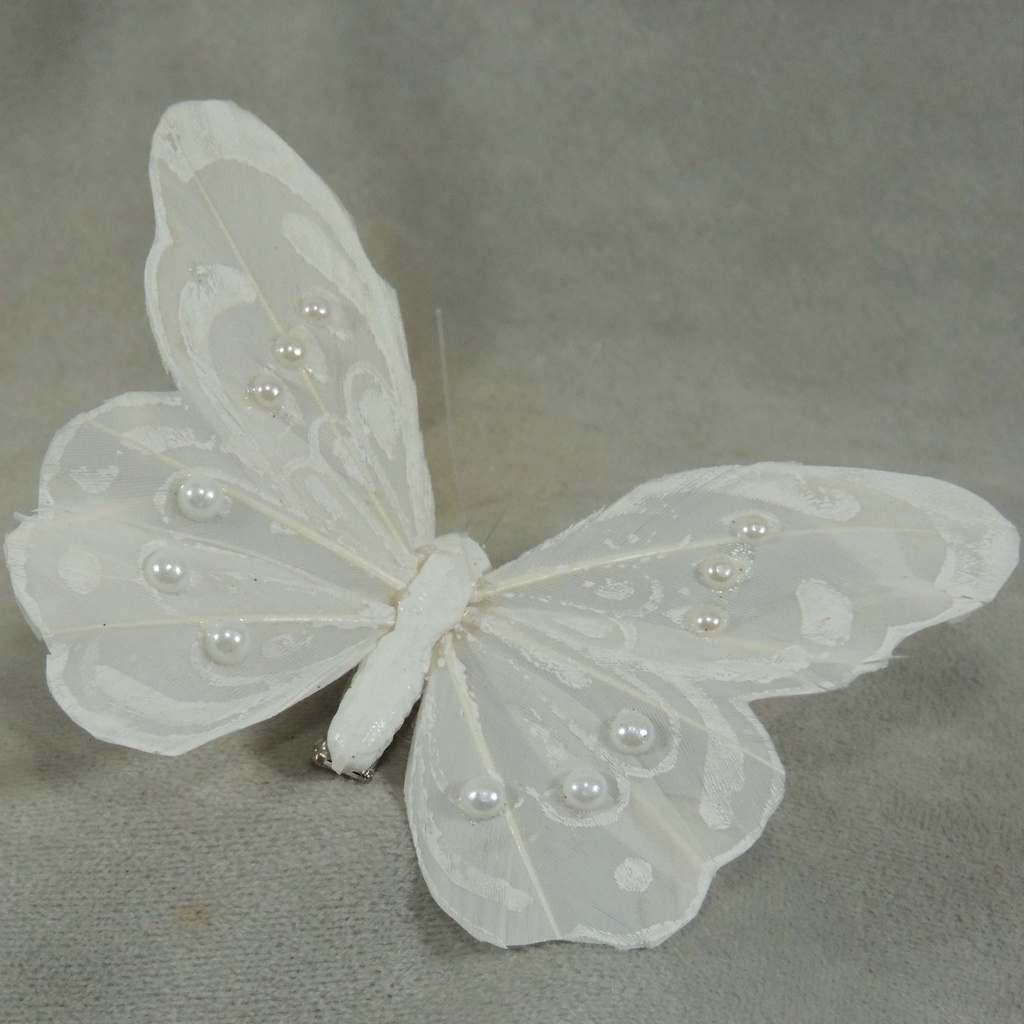 BUTTERFLY 4.25" WHITE W/PEARLS W/CLIP