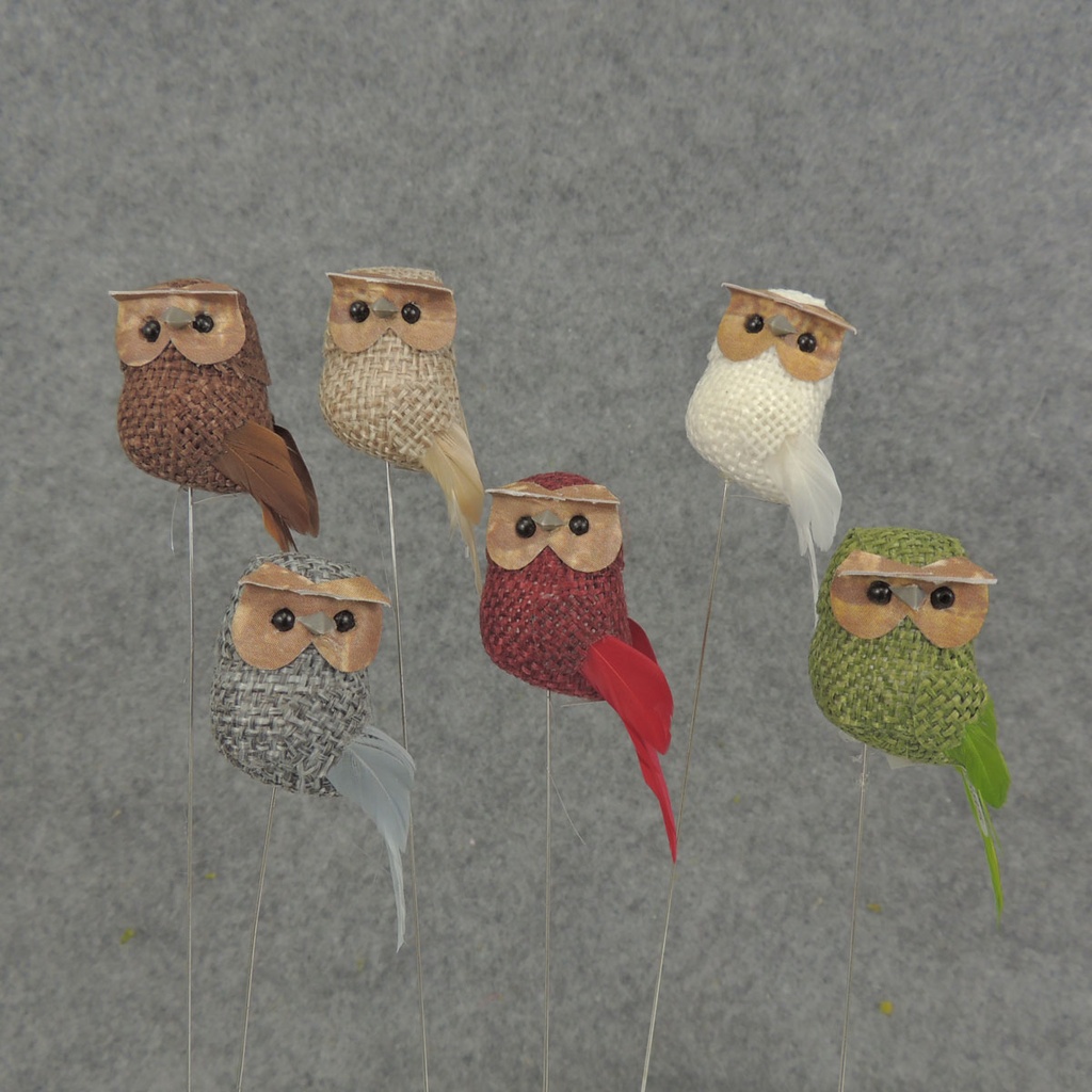 OWL 2.5" W/WIRE BURLAP/FEATHER 6 ASST