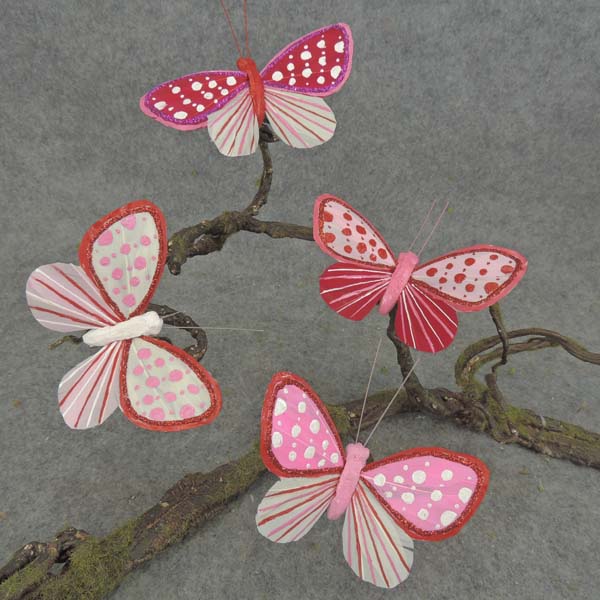 BUTTERFLY 4&quot; 4-ASST FEA/CLIP PINK/WHITE/RED