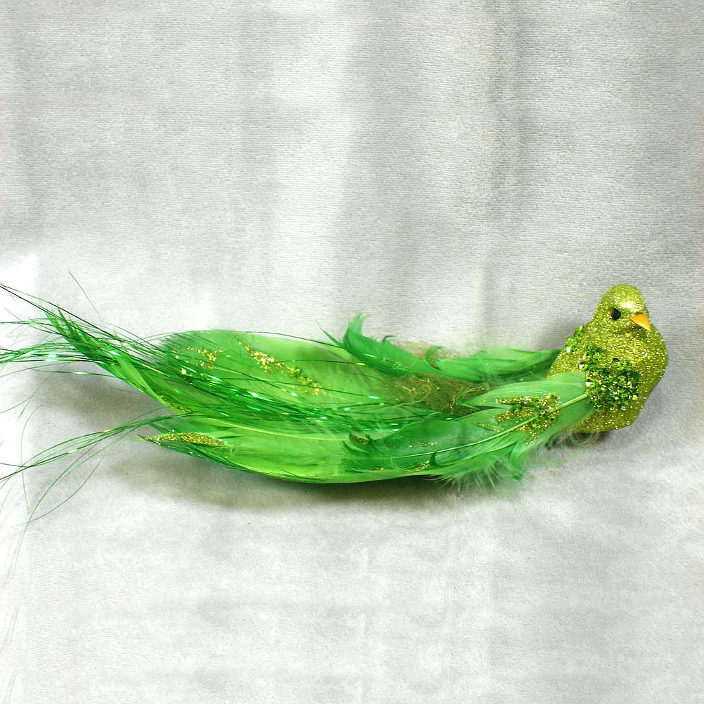 [B6606-GRN] 8.25" BIRD FANCY TAIL/GLITTER GREEN W/CLIP