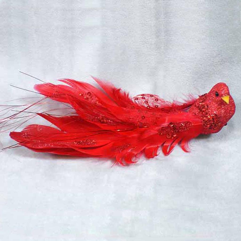 [B6606-RED] 8.25" BIRD FANCY TAIL/GLITTER RED W/CLIP