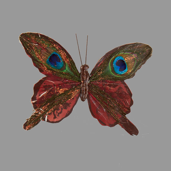 [B322405-CHO] 6" BUTTERFLY W/ GLITTER AND FEATHERS ON A CLIP  CHOCOLATE