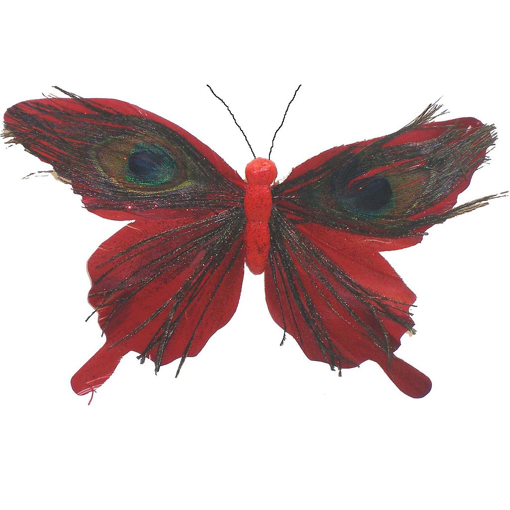 [B322405-RED-I] 6" BUTTERFLY W/ GLITTER AND FEATHERS ON A CLIP  RED  (INDIVIDUAL)