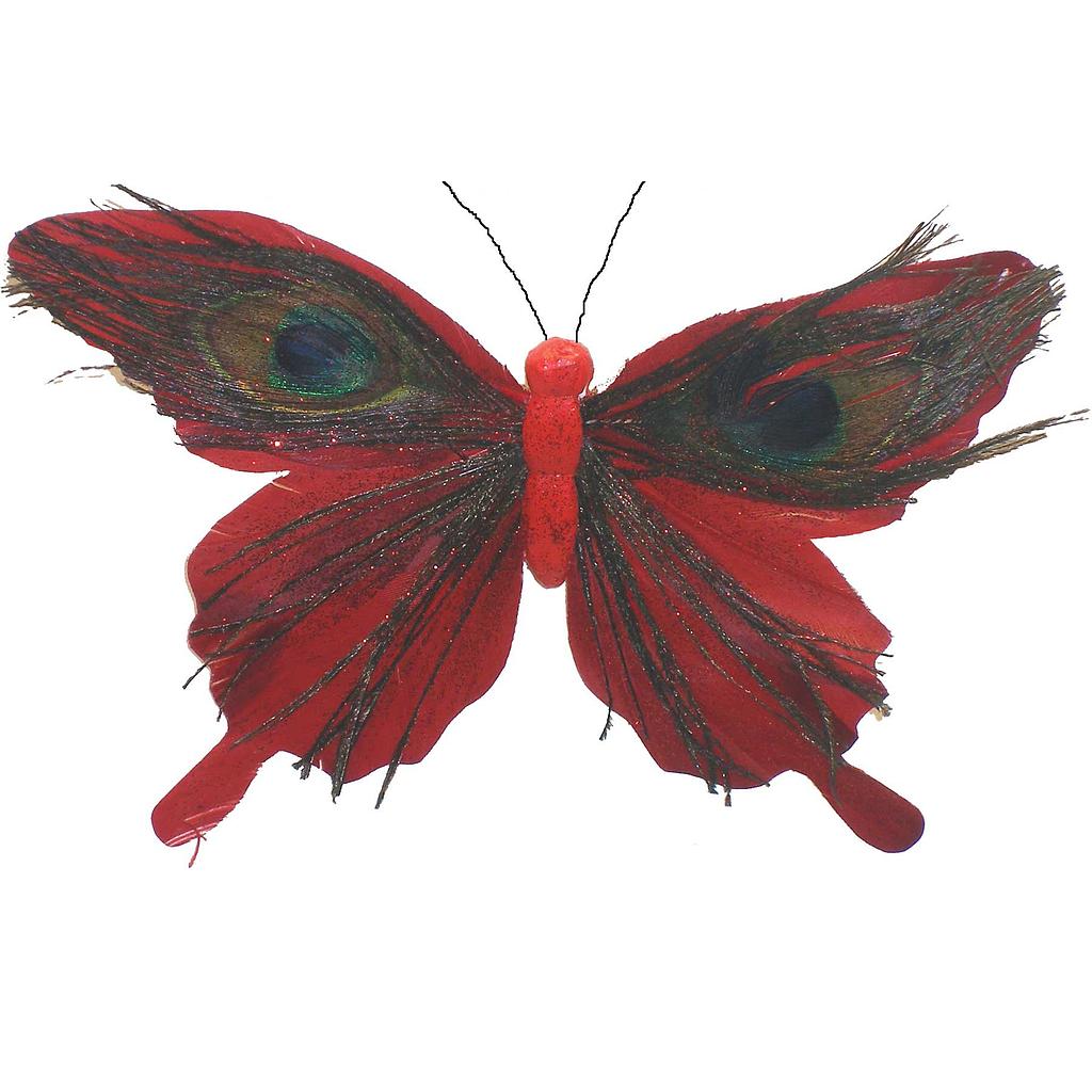 6" BUTTERFLY W/ GLITTER AND FEATHERS ON A CLIP  RED  (INDIVIDUAL)