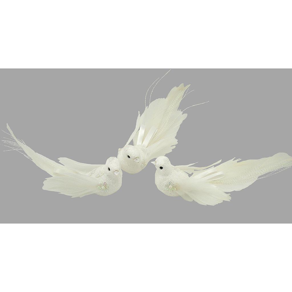 [B6662] 6.5" BIRD FANCY TAIL/GLITTER WHITE W/CLIP