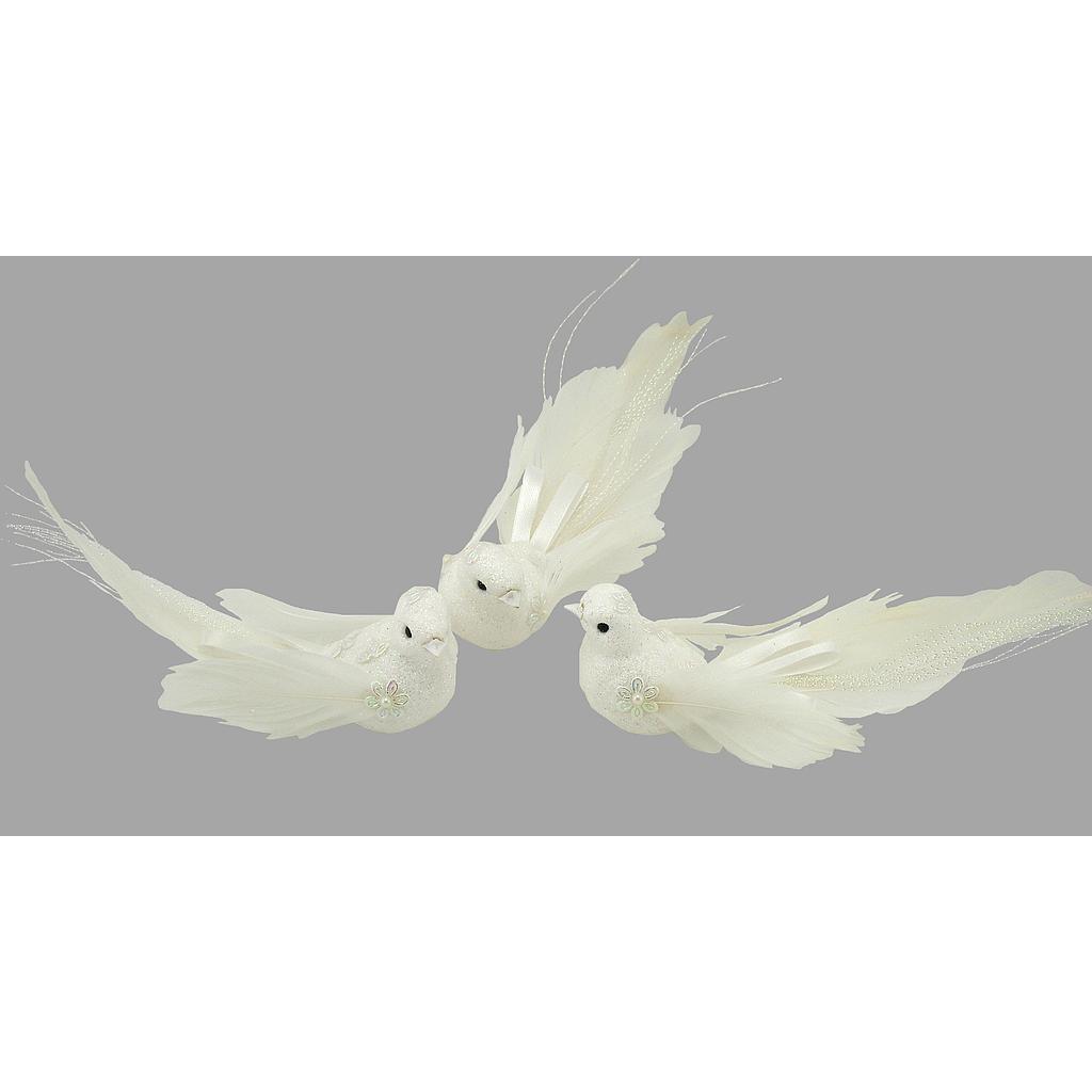 BIRD 6.5" FANCY TAIL/GLITTER WHITE W/CLIP