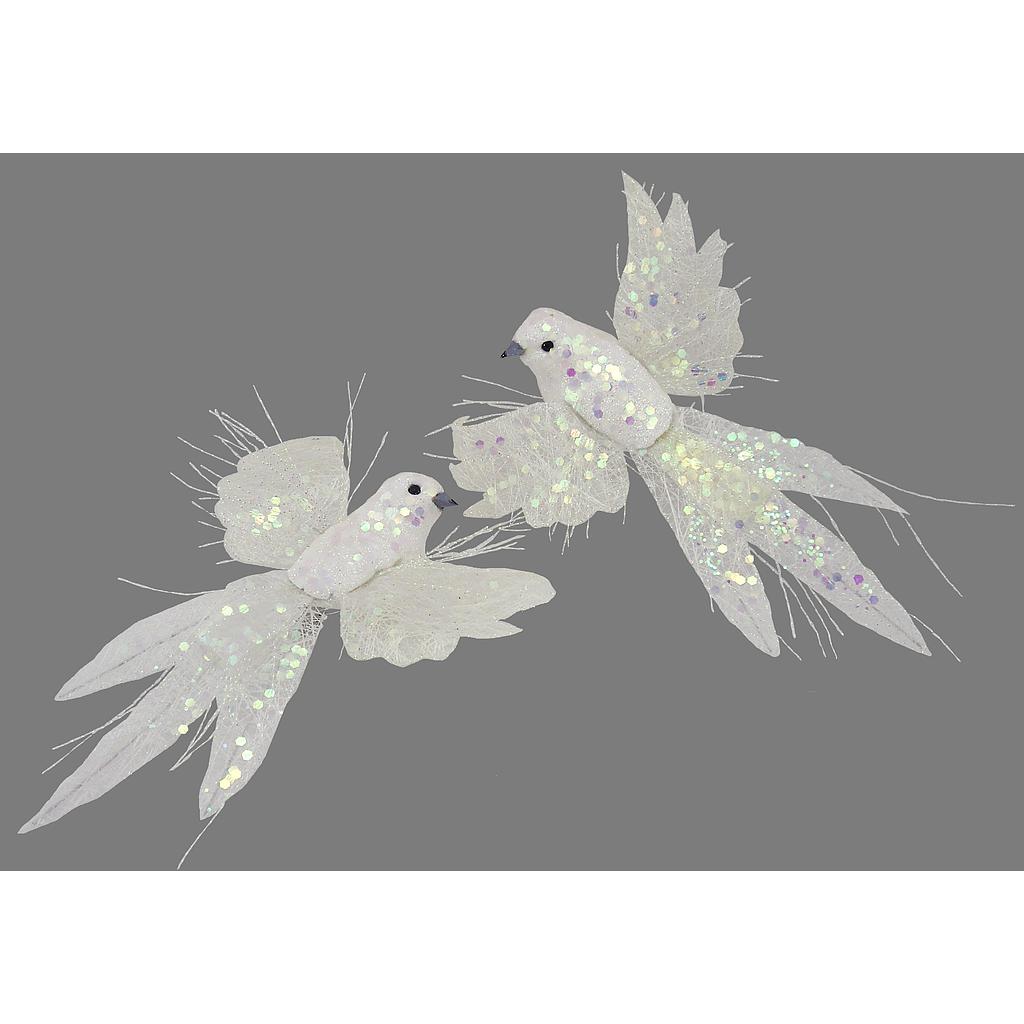 [B6664] 6" BIRD WHITE FLYING GLITTER W/CLIP