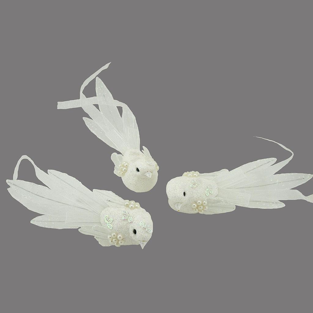 [B6665] 6.7" BIRD FANCY TAIL/GLITTER WHITE W/CLIP