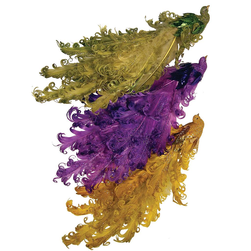 [B66815] 12" GLIT. LONG TAIL BIRD W/CLIP MARDI GRAS 3AST