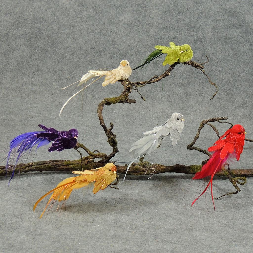 BIRD 7" FEATHER/VELVET W/GLITER 6-ASST W/CLP