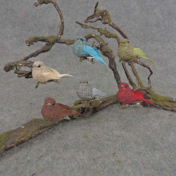 [B6744] 2" BIRD BURLAP/FEATHER W/CLIP 6 ASST