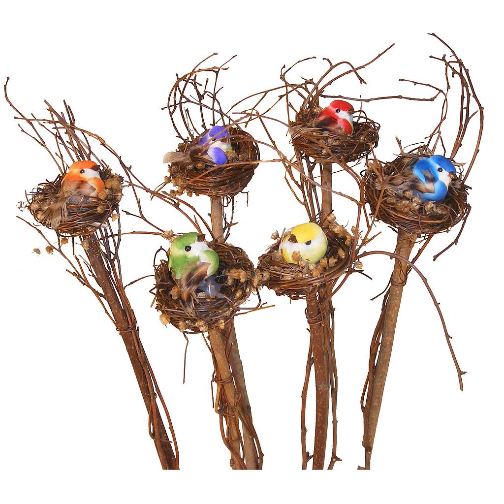 NEST WITH BIRD ON 12&quot; BRANCH 6-ASST PRIMARY COLOR MIX