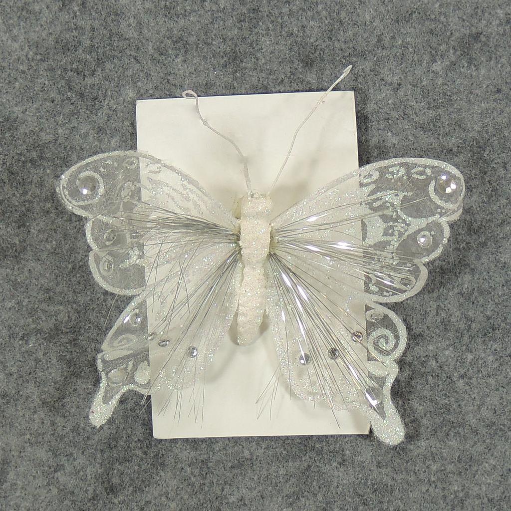 7" BUTTERFLY GLITTER WHITE W/CLIP