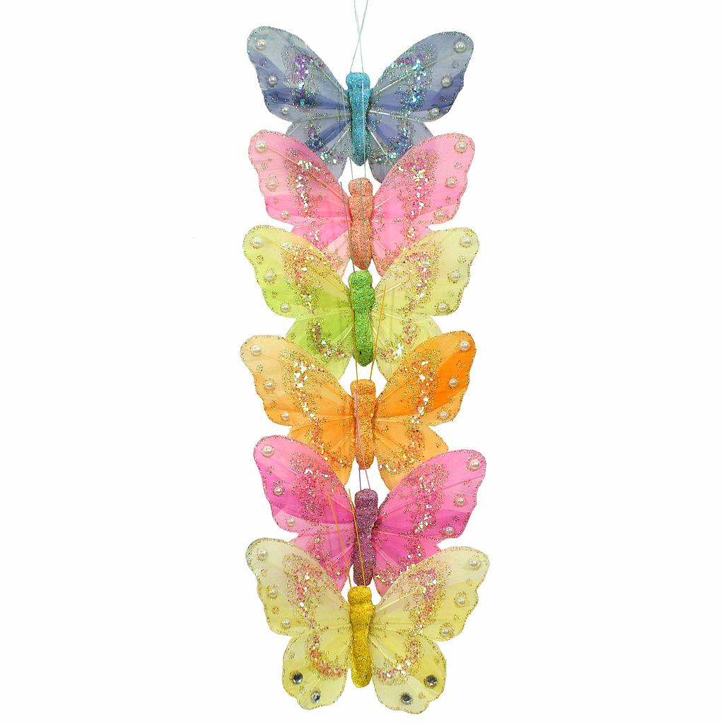 4.5" BUTTERFLY 6-ASST' D W/CLIP PASTEL W/GLITTER