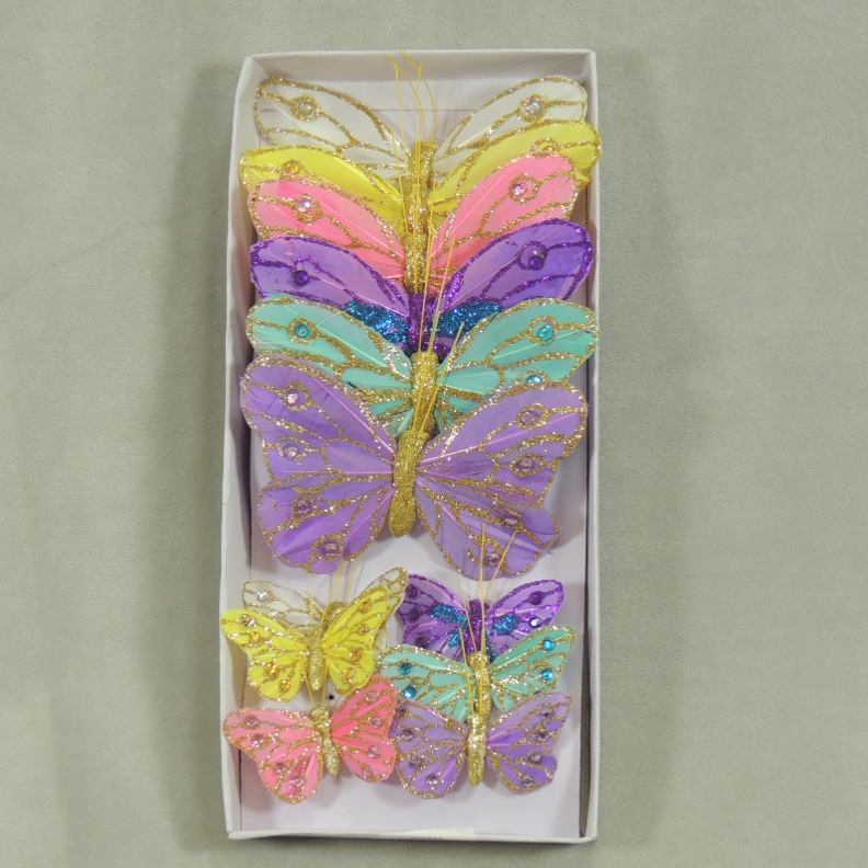 4.5"/2.5" FEATHERED BUTTERFLIES 6-ASST'D W/WIRE  PASTEL GEMS