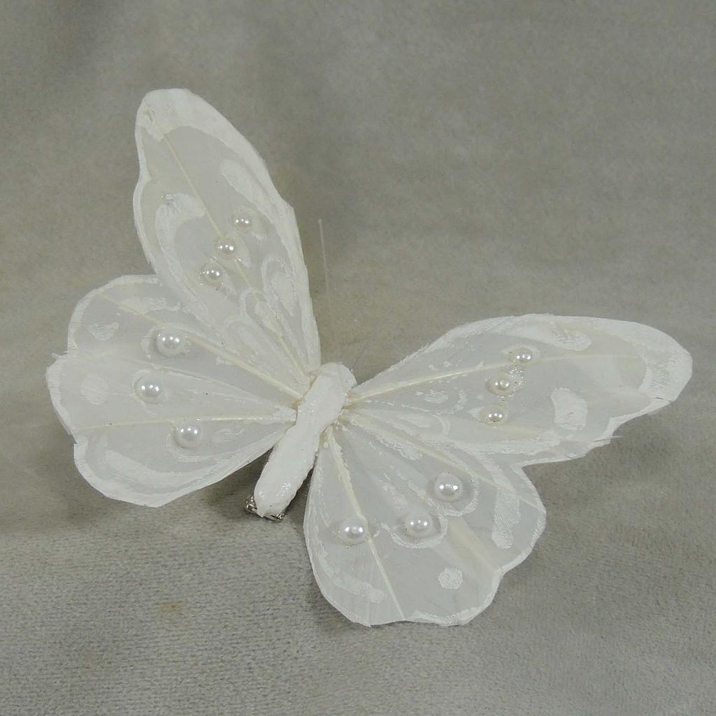 BUTTERFLY 4.25&quot; WHITE W/PEARLS W/CLIP