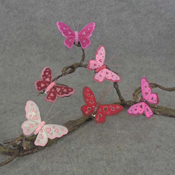 BUTTERFLY 3.5" FEA/WIRE 6-ASST HEARTS RED/PINK