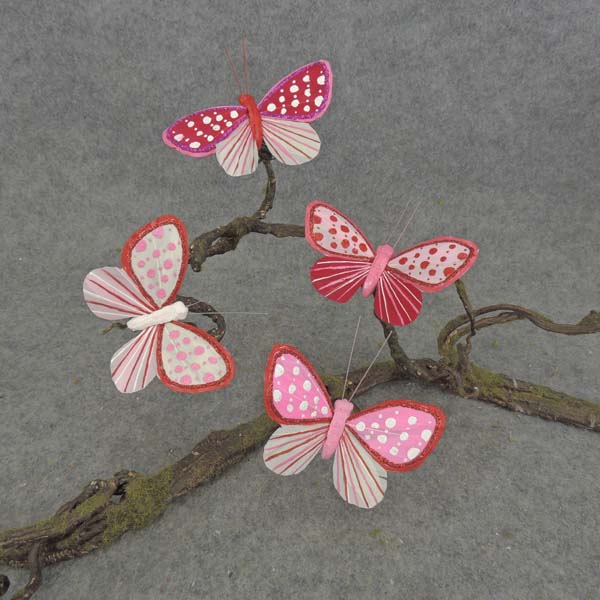 BUTTERFLY 4&quot; 4-ASST FEA/CLIP PINK/WHITE/RED