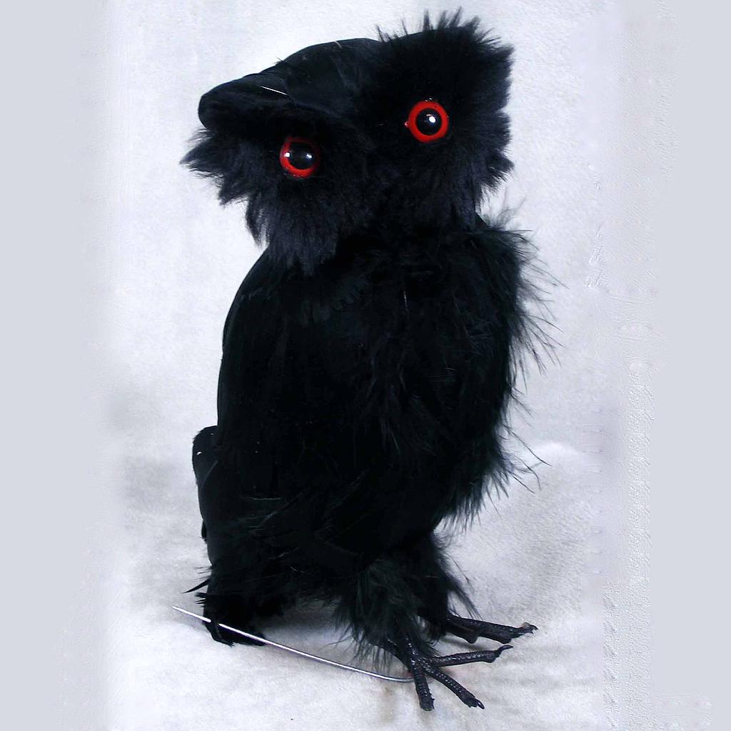 OWL 6" STANDING FEATHER BLACK W/RED EYES