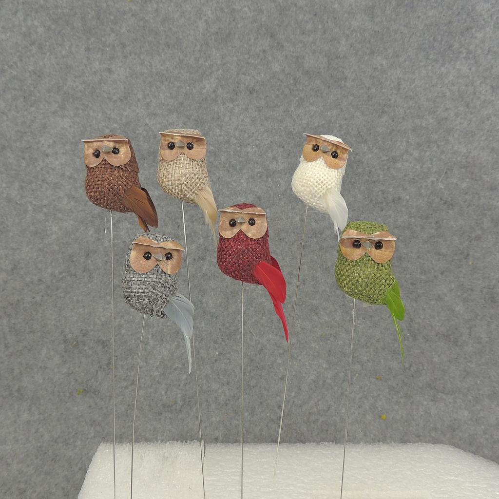 OWL 2.5" W/WIRE BURLAP/FEATHER 6 ASST