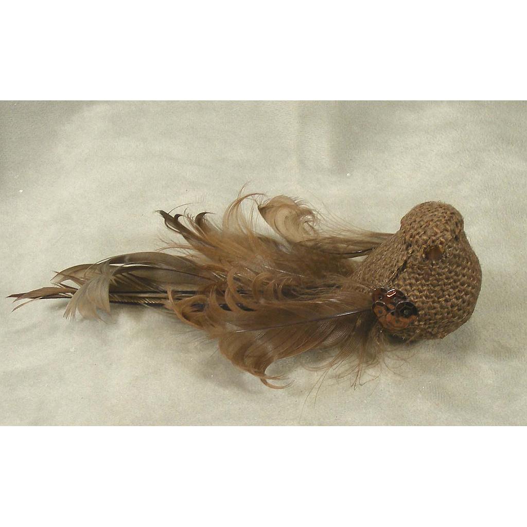 [BN302] 6" BIRD BURLAP/FEATHER NATURAL W/CLIP
