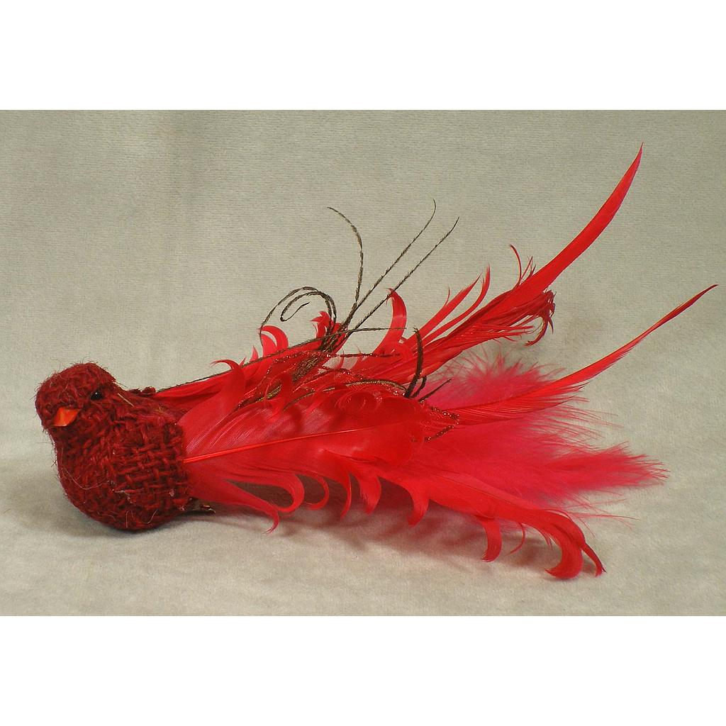 [BN306-RED] 7" BIRD BURLAP/FEATHER RED W/CLIP