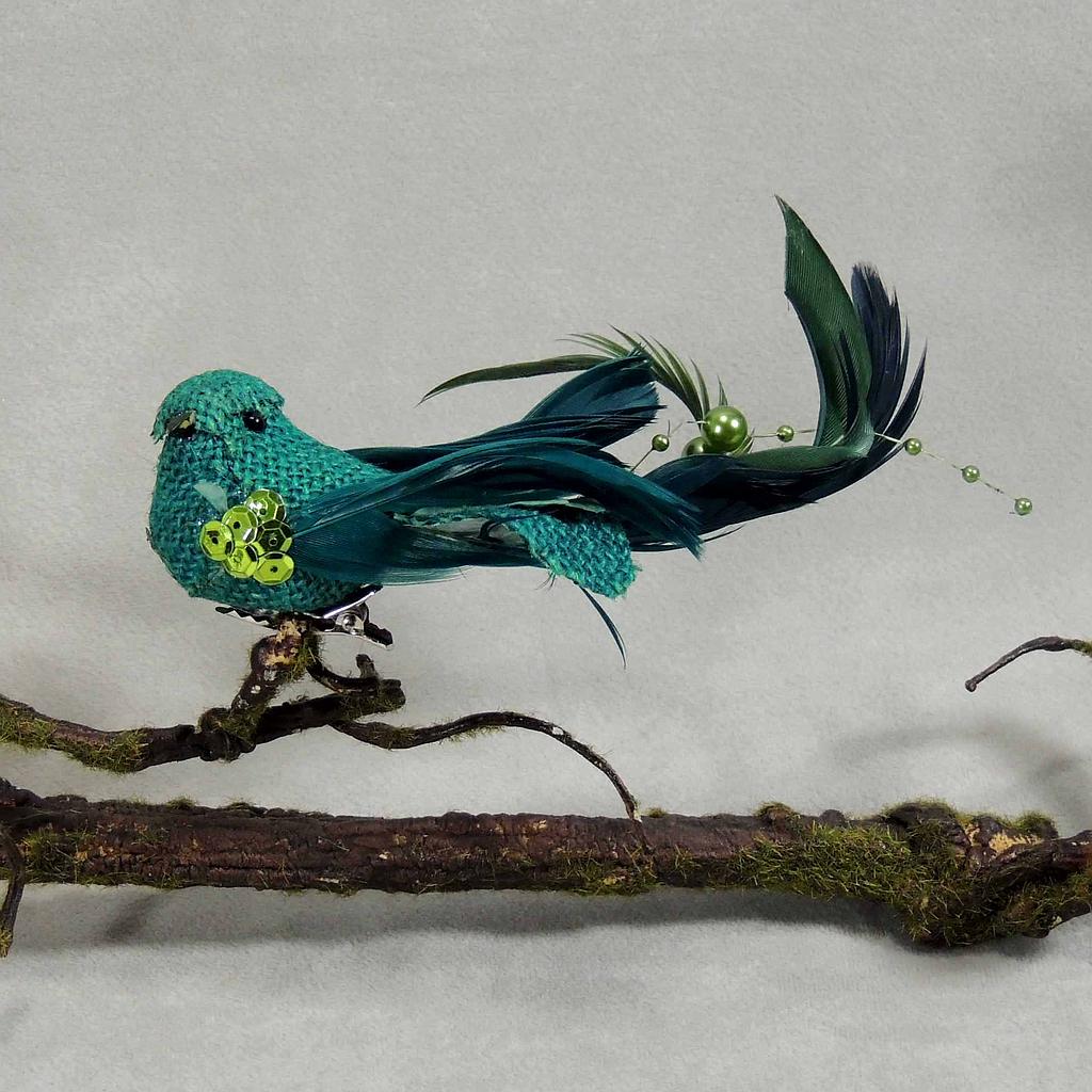 [BN310-GRN] 6" BIRD BURLAP/FEATHER GREEN W/CLIP
