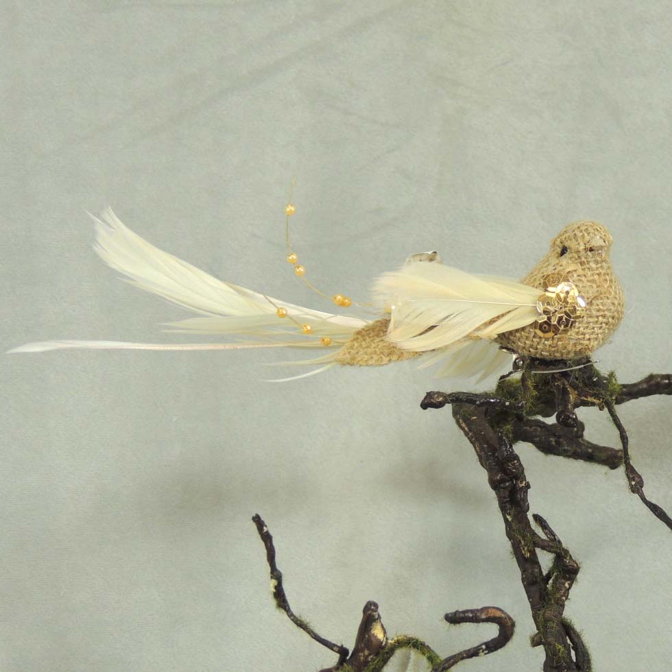 [BN310-NAT] 6" BIRD BURLAP/FEATHERNATURAL W/CLIP