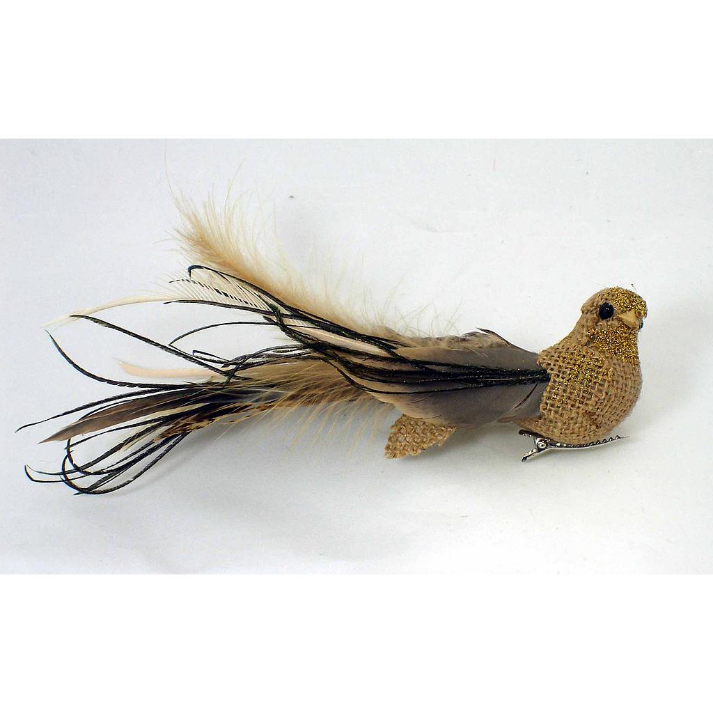 [BN312-NAT] 8" BIRD BURLAP/FEATHER/GLIT NAT W/CLIP
