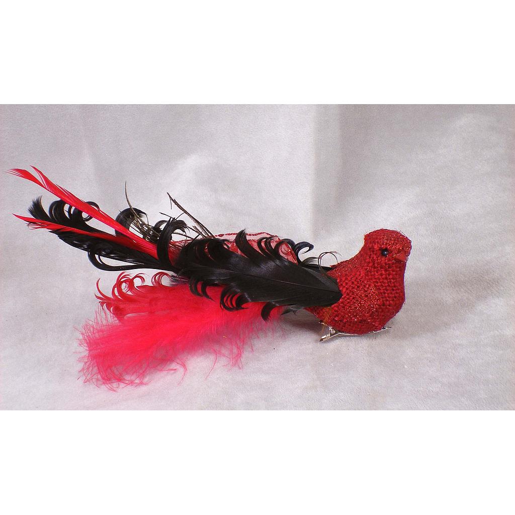 BIRD BURLAP/FEATHER/GLIT 8" RED  W/CLIP